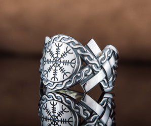 Helm of Awe Symbol with Norse Ornament Ring Sterling SIlver Viking Jewelry