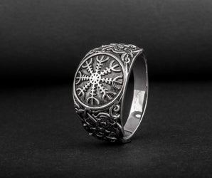 Helm of Awe Ring with Mammen Ornament Sterling Silver Viking Jewelry