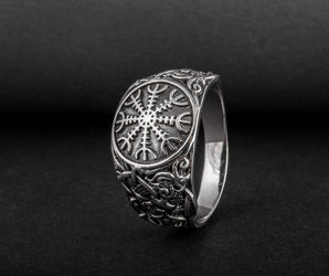 Helm of Awe Ring with Mammen Ornament Sterling Silver Viking Jewelry
