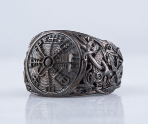 Vegvisir Symbol with Mammen Style Ruthenium Plated Sterling Silver Norse Ring