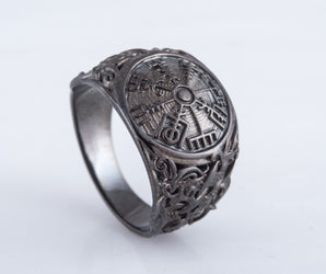Vegvisir Symbol with Mammen Style Ruthenium Plated Sterling Silver Norse Ring
