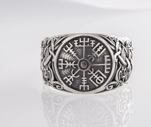 Vegvisir Symbol with Mammen Style Sterling Silver Norse Ring