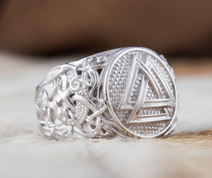 Valknut Ring with Mammen Ornament Palladium Plated Sterling Silver Viking Jewelry
