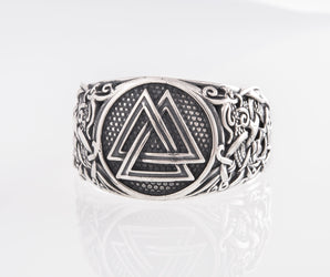 Valknut Ring with Mammen Ornament Sterling Silver Viking Jewelry