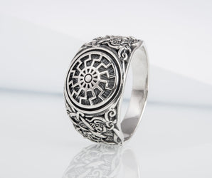 Black Sun Ring with Mammen Ornament Sterling Silver Viking Jewelry