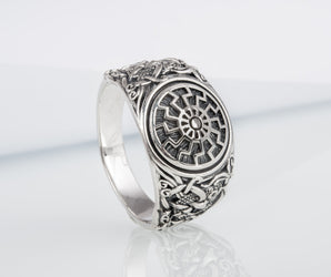 Black Sun Ring with Mammen Ornament Sterling Silver Viking Jewelry