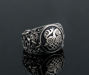 Sleipnir Ring with Mammen Ornament Sterling Silver Unique Jewelry