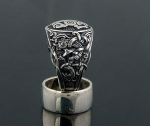 Sleipnir Ring with Mammen Ornament Sterling Silver Unique Jewelry