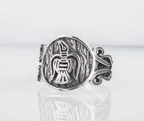 Raven Ring with Viking Ornament Sterling Silver Norse Jewelry