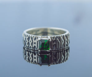 Ring with Norse Runes and Green Cubic Zirconia Sterling Silver Handmade Jewelry