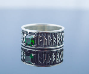 Ring with Runes Ornament and Green Cubic Zirconia Sterling Silver Handmade Jewelry