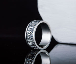 Elder Futhark Runes Ring with Wide Rim Sterling Silver Viking Jewelry