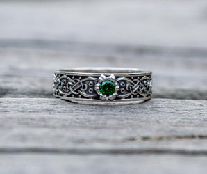 Viking Ring with Scandinavian Ornament and Cubic Zirconia Sterling Silver Unique Jewelry