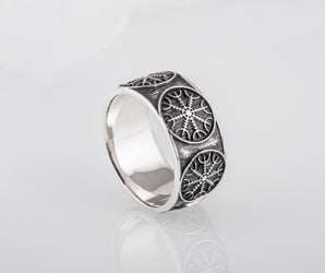 925 Silver Viking ring with Helm of Awe and rough texture, handmade jewelry