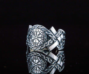 Vegvisir Symbol with Norse Ornament Ring Norse Jewelry