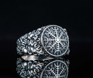 Helm of Awe Symbol with Oak Leaves and Acorns Sterling Silver Norse Ring