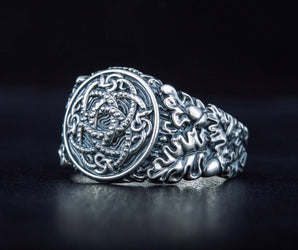 Jormungandr Symbol with Oak Leaves and Acorns Sterling Silver Viking Ring