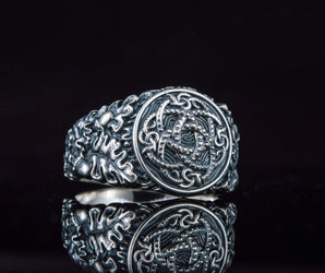 Jormungandr Symbol with Oak Leaves and Acorns Sterling Silver Viking Ring
