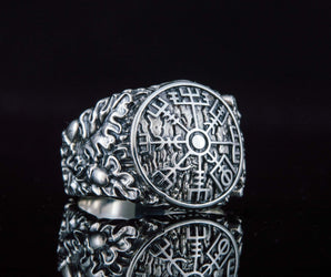 Vegvisir Symbol with Oak Leaves and Acorns Sterling Silver Viking Ring