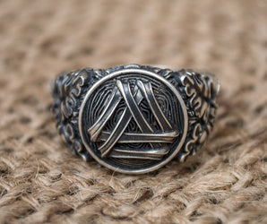 Valknut Symbol with Oak Leaves and Acorns Sterling Silver Norse Ring