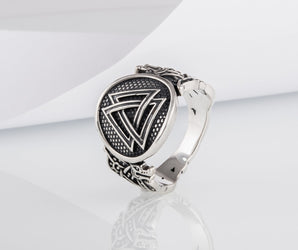 Valknut Symbol Ring with Wolf Ornament Sterling Silver Norse Jewelry
