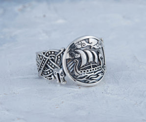 Drakkar Symbol with Wolf Ornament Ring Sterling Silver Unique Jewelry