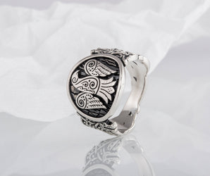Raven Symbol with Wolf Ornament Sterling Silver Unique Ring