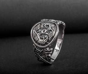 Odin Raven with Wolf Ornament Sterling Silver Viking Ring