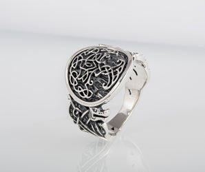 Yggdrasil Symbol with Wolf Ornament Sterling Silver Viking Ring