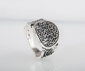 Yggdrasil Symbol with Wolf Ornament Sterling Silver Viking Ring