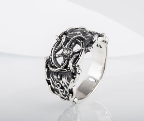 Ship Steering Wheel Symbol Ring with Anchor and Chain Sterling Silver Unique Jewelry
