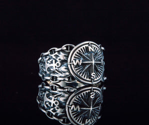 Compass Symbol with Anchor and Chain Sterling Silver Unique Ring