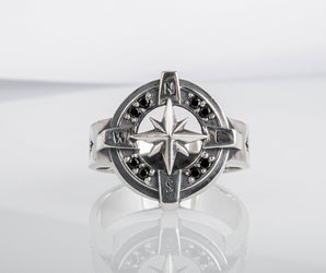 Compass Symbol Ring with Black Gem Sterling Silver Unique Jewelry