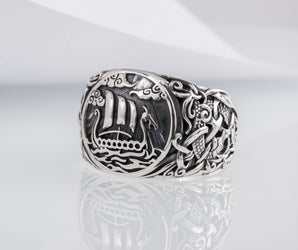 Drakkar Symbol Ring with Mammen Ornament Sterling Silver Viking Jewelry