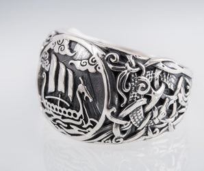 Drakkar Symbol Ring with Mammen Ornament Sterling Silver Viking Jewelry