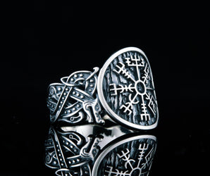 Vegvisir Symbol with Norse Ornament Sterling Silver Unique Jewelry