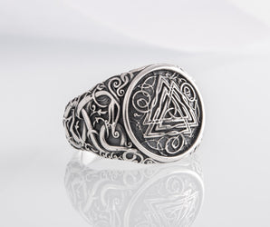 Valknut Symbol Ring with Urnes Style Sterling Silver Viking Jewelry