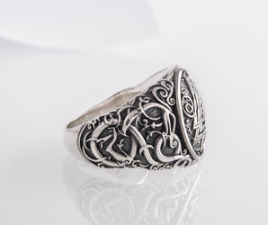 Valknut Symbol Ring with Urnes Style Sterling Silver Viking Jewelry