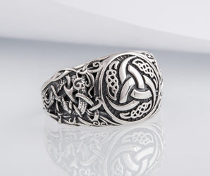 Odin Horn Symbol Ring with Mammen Ornament Sterling Silver Viking Jewelry