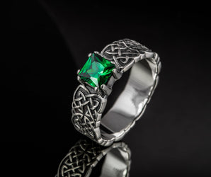 Norse Ornament Ring with Green Cubic Zirconia Sterling Silver Handmade Jewelry
