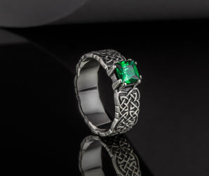 Norse Ornament Ring with Green Cubic Zirconia Sterling Silver Handmade Jewelry
