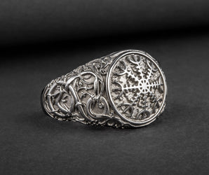 Helm of Awe Symbol with Urnes Style Sterling Silver Ruthenium Plated Norse Ring