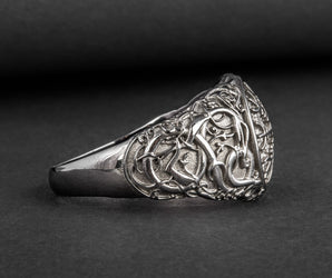 Helm of Awe Symbol with Urnes Style Sterling Silver Ruthenium Plated Norse Ring