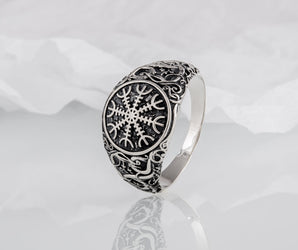 Helm of Awe Symbol with Urnes Style Sterling Silver Norse Ring