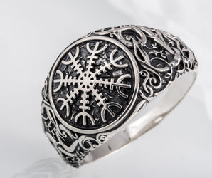 Helm of Awe Symbol with Urnes Style Sterling Silver Norse Ring