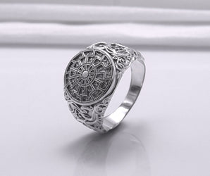 950 Platinum Black Sun Symbol Ring with Urnes Style, Handmade Norse Jewelry