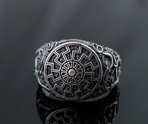 Black Sun Symbol with Urnes Style Sterling Silver Norse Ring