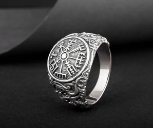 Vegvisir Symbol Ring with Urnes Style Sterling Silver Norse Jewelry