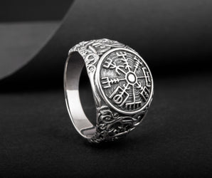 Vegvisir Symbol Ring with Urnes Style Sterling Silver Norse Jewelry