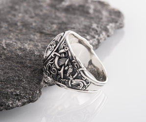 Raven Ring with Mammen Ornament Sterling Silver Viking Jewelry